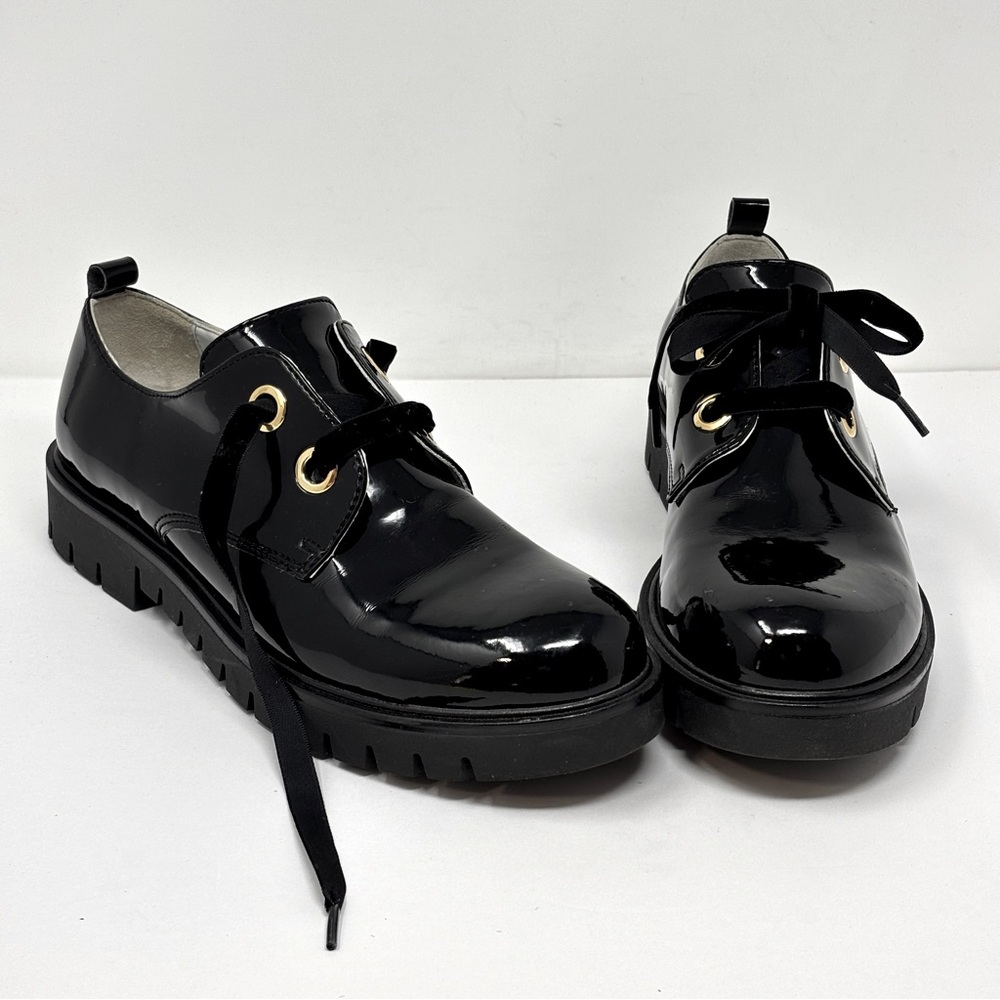 NERO GIARDINI Black Patent Leather Chunky Lace-Up Derby Size 37 | US 7
